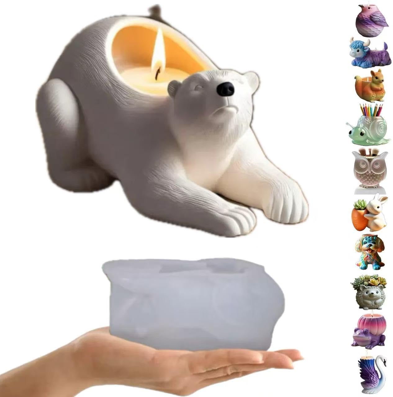 Animal Resin Molds Silicone 3D Cute Polar Bear Epoxy Resin Plaster Candle Holder Wax Molds for Candle Making, Art Crafts DIY Unique Display Home Decor