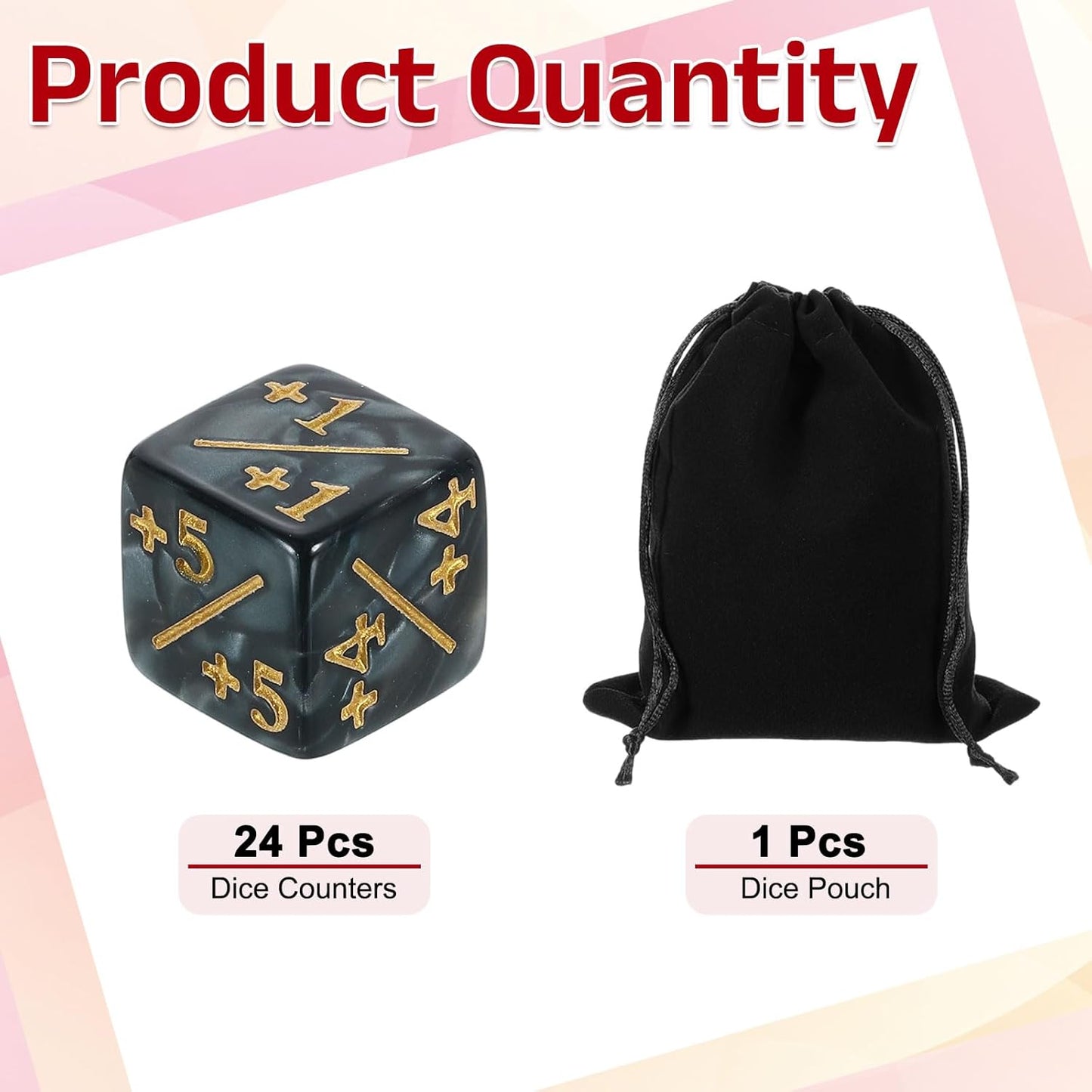 uxcell 24Pcs Magic Dice Counters, Acrylic D6 Life Token Dice Set with Pouch for Standard Cards Gaming Accessories, Black Marble