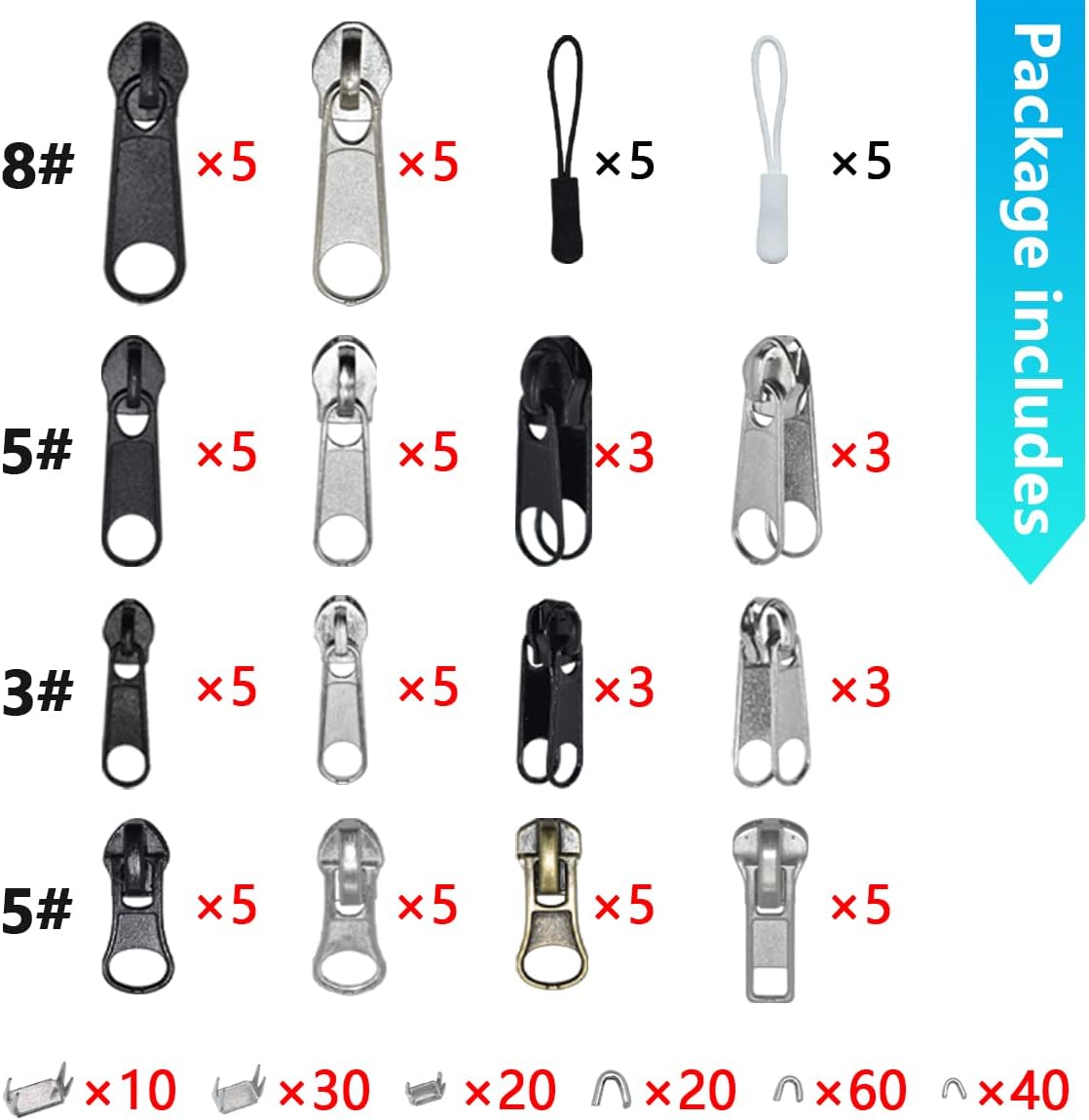 252Pcs Zipper Repair Kit, Zipper Replacement Zipper Pulls, Zipper Fix Replacement Zipper Slider Set with Installation Pliers for Jacket Backpack Luggage Sleeping Bag #3#5#8 Silver and Black