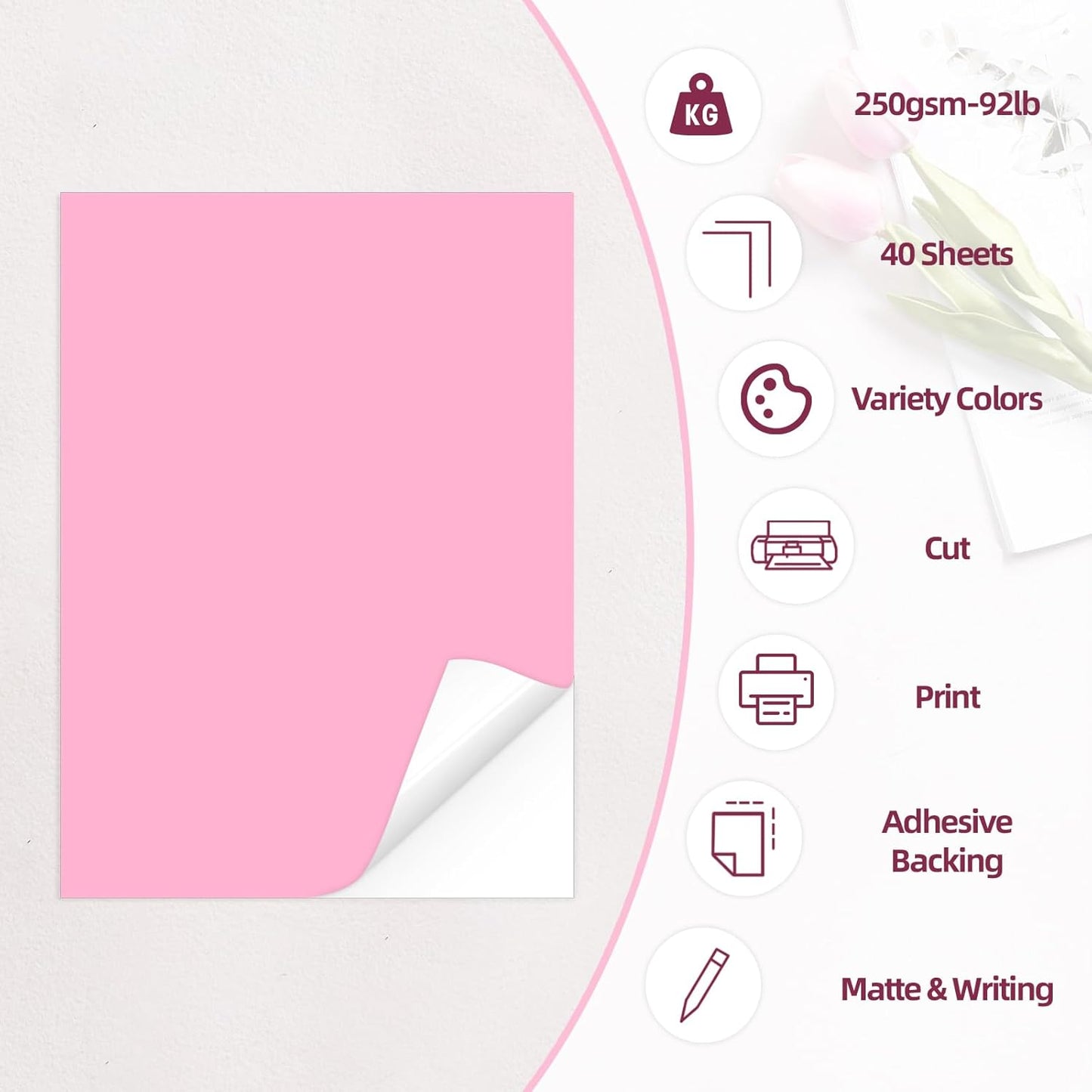 40 Sheets Printable Sticker Paper Heavy Weight Colored Self Adhesive Sticker Cardstock A4 250GSM 90LB 20 Assorted Colors