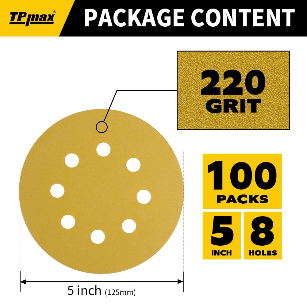 100PCS 5 Inch 220 Grit 125mm 8 Hole Sanding Discs Sandpaper - Premium Gold Round Hook and Loop for Random Orbital Sander - Ideal for Wood, Metal, Automotive