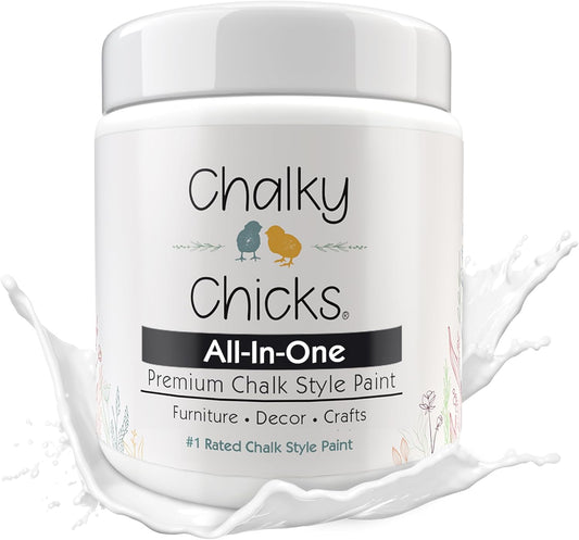 Chalky Chicks All-in-One Chalk Paint for Furniture or Cabinet -8Fl Oz- Matte Finish Powdered Snow (Pure White) for Metal, Wood Furniture Paint - No Sanding All-in-One for Home Decor & Crafts, USA Made