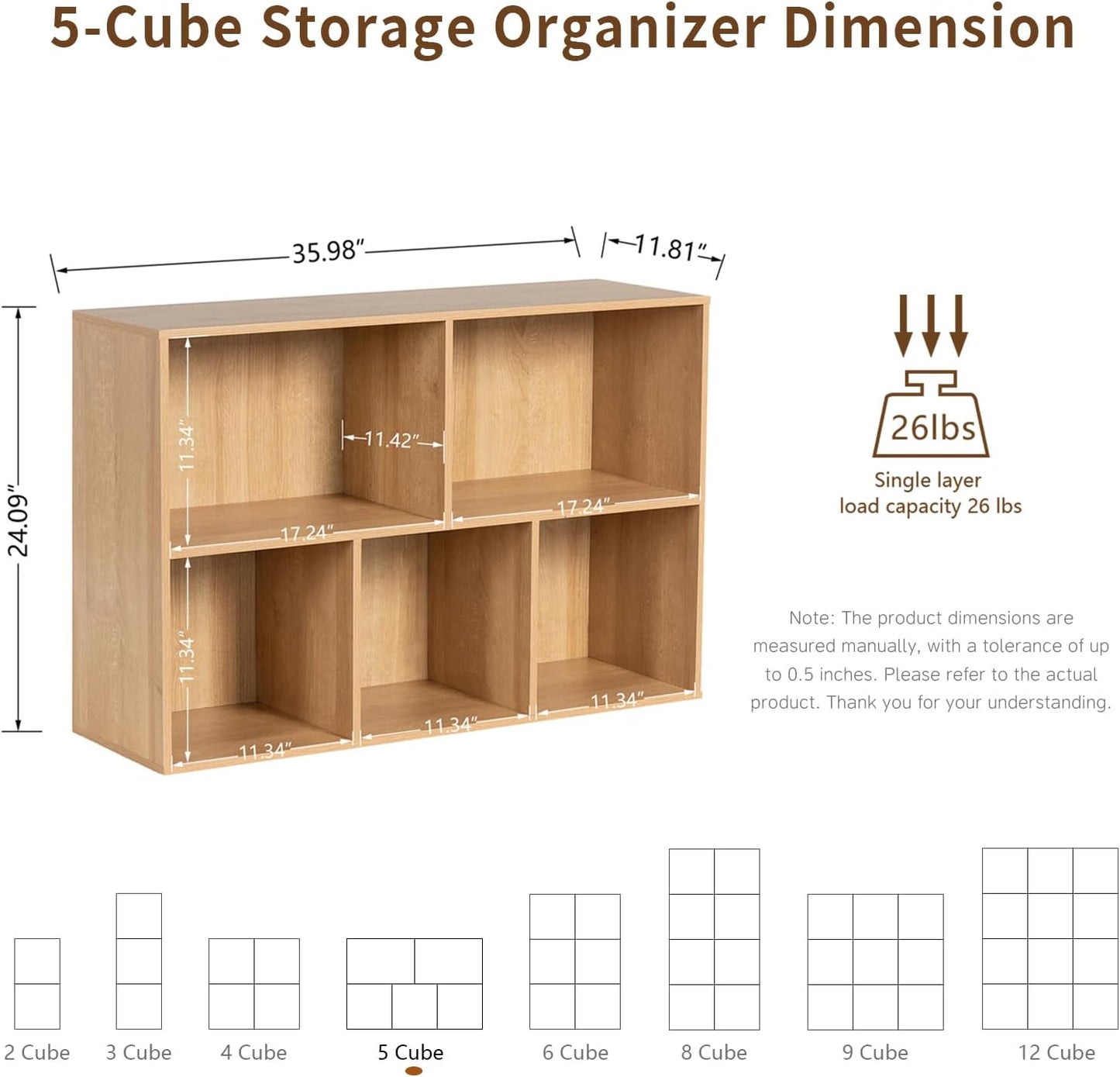 Wooden 5-Cube Storage Organizer with Closed Back Panel, 11in Cube Shelf Opening, Bookshelf, Display Shelf,Closet Cabinet for Home and Office,Natural Oak