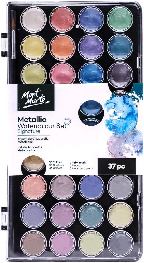 Mont Marte Signature Metallic Watercolor Set, 37 Piece Pearl Paint, 36 Vibrant Colors, 1 Paint Brush