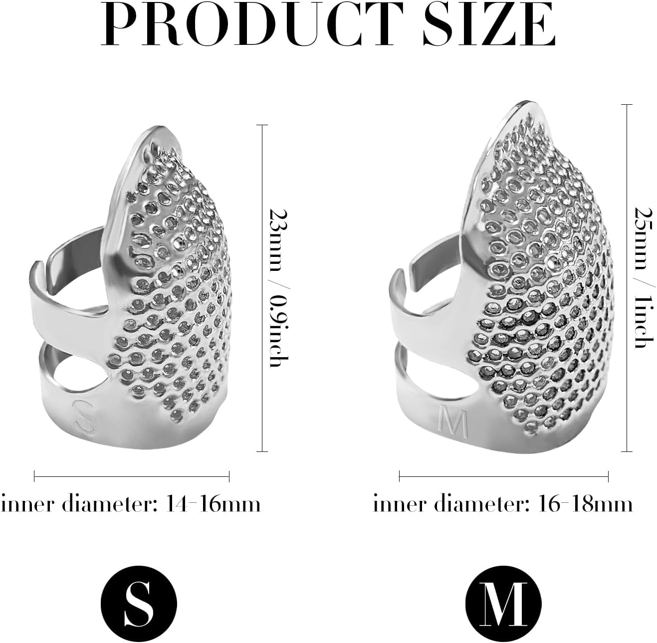 FR 4 Pack (2 Sizes, S/M) Thimble Finger Protector, Adjustable Metal Shield for Pins and Needles, Sewing Quilting Craft Accessories, DIY Tools, Needlework Silver