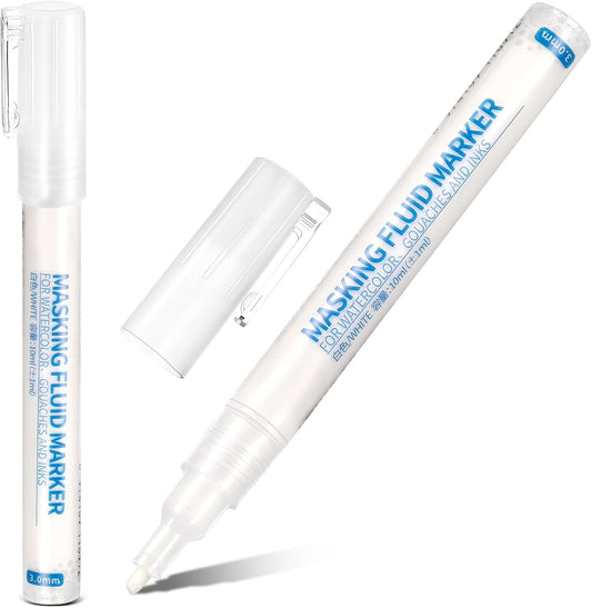 2 Pcs Masking Fluid Pen for Watercolor Painting, Capacity with Applicator Tip, Masking Fluid Marker for Various Art Projects Watercolor Ink(White,3mm)