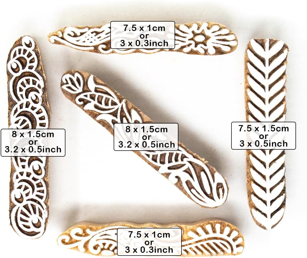 Hashcart Wooden Stamp Block, Printing Stamp Design Set | Block for Printing Saree Border | Dresses, Craft Card Making, Scrapbook, Clay Pottery | Set of 5