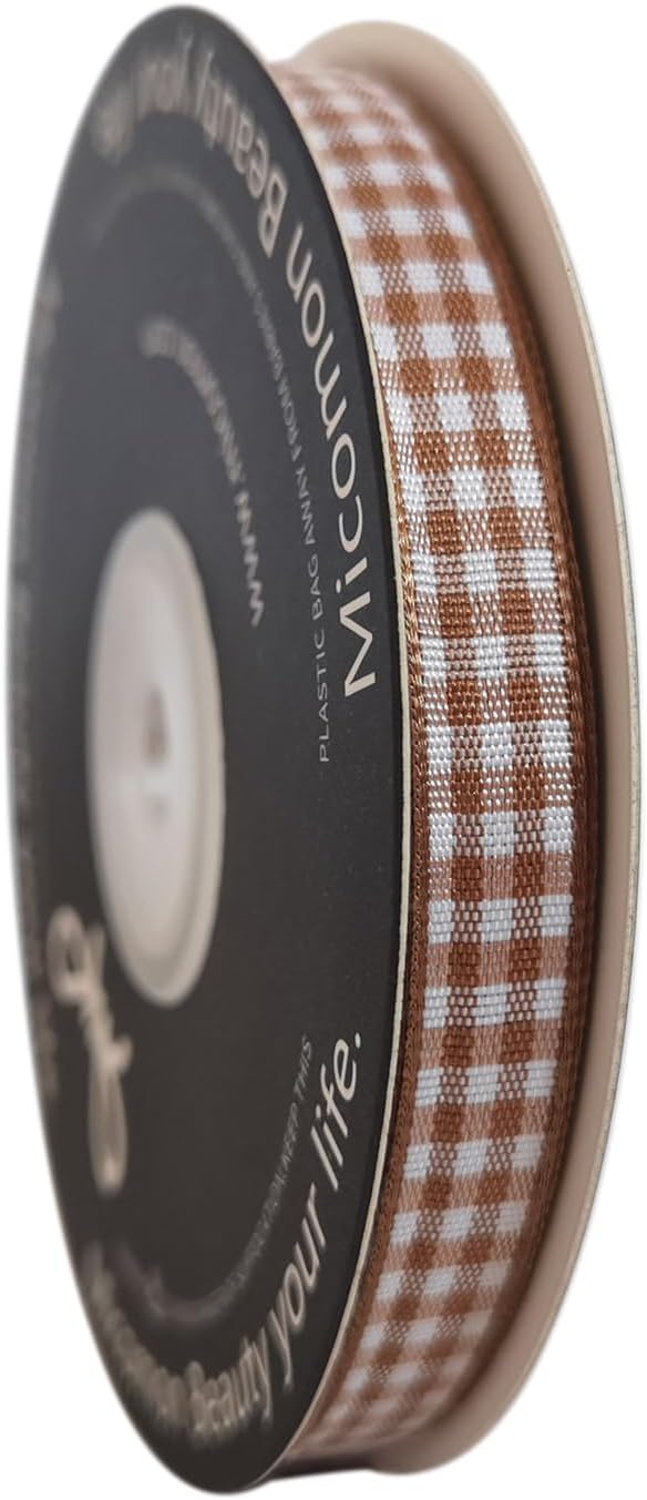 Micomon Khaki and White Woven Edge Plaid Ribbon 100% Polyester Gingham Ribbon 25 Yards Each Roll (3/8"Khaki)