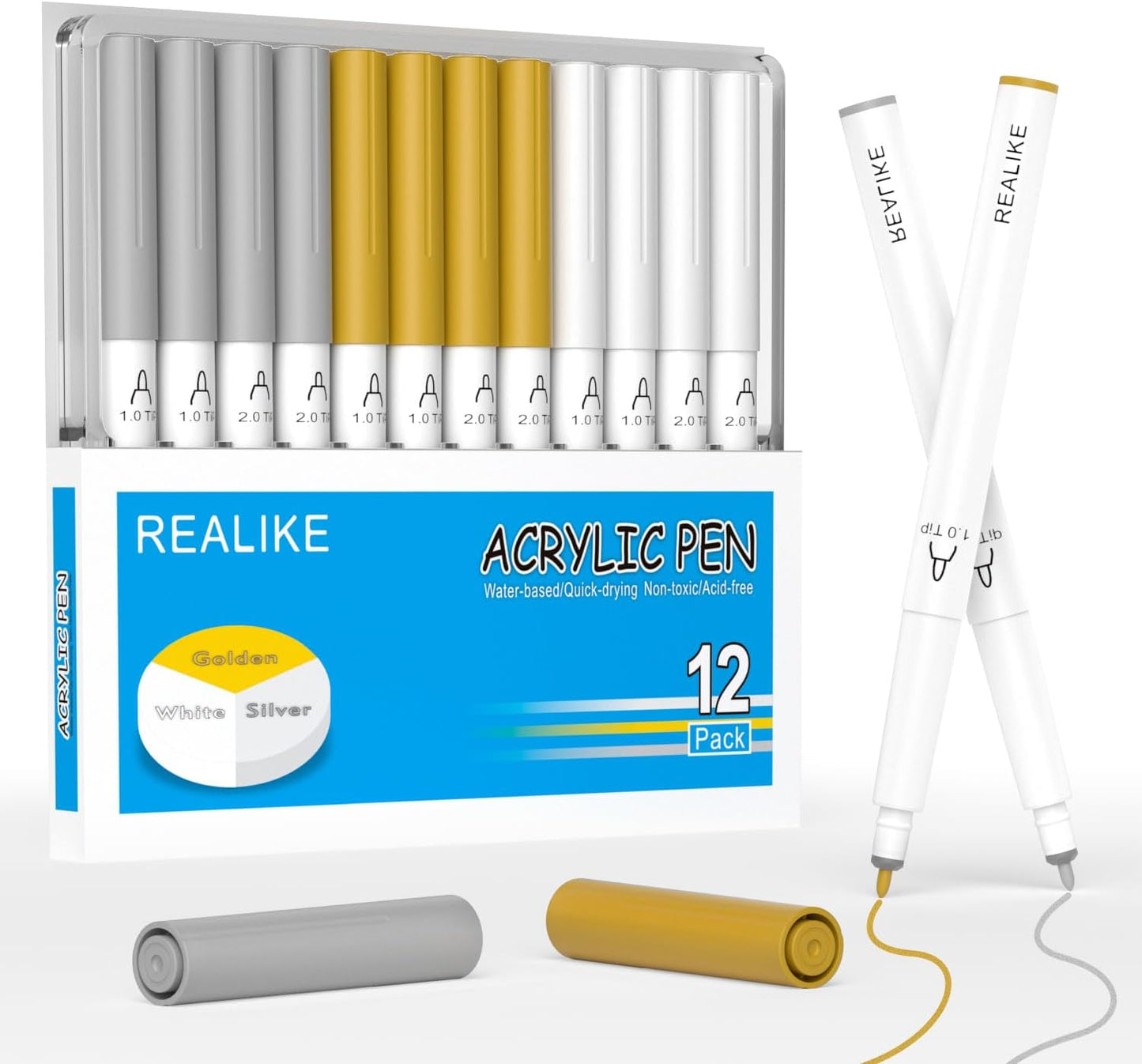 REALIKE Acrylic Paint Markers for Cricut Maker 3/Maker/Explore 3/Air 2/Air, Gold Silver White Acrylic Paint Pens for Rocks, Paper, Wood, Canvas, Glass, Ceramic, Fabric (1.0 & 2.0 Tip)