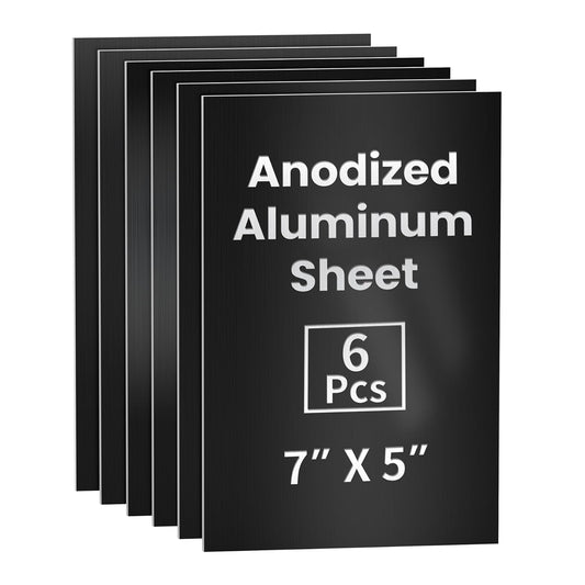 GCGOODS 6 Pcs 7 x 5 inch Anodized Aluminum Sheet Set, Metal Blanks for Laser Engraving, Engraving Plates for Crafting, Decoration, DIY, Black Colors