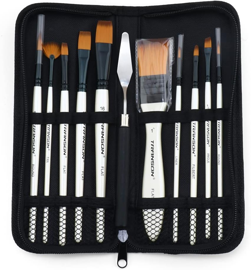 Transon Paint Brush Kit 10pcs Art Brushes and 1 Paint Spatula with Brush Case
