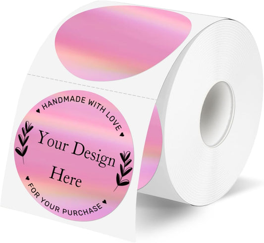 2" Circle Holographic Thermal Label Stickers Pink, Round Printable Rainbow Thermal Sticker for Gift Wrapping, Self-Adhesive/Perforation Line Design
