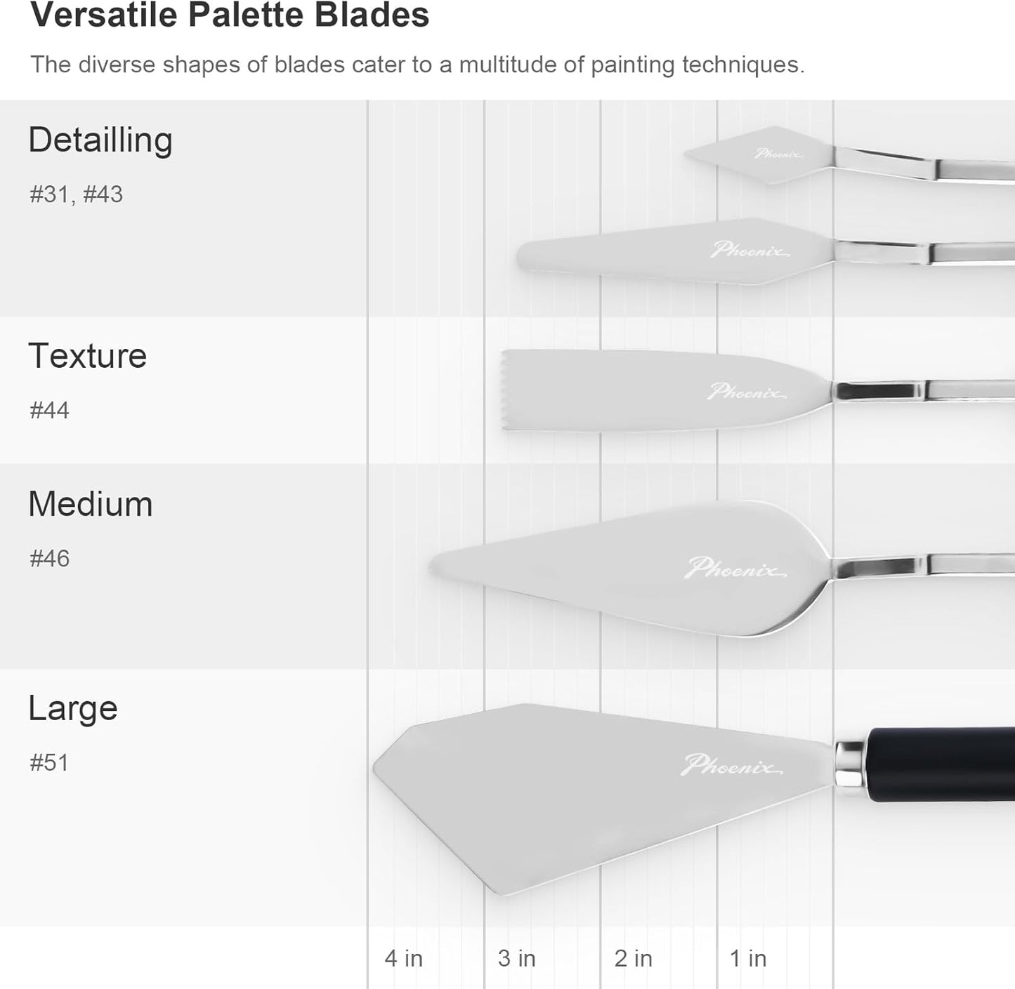 PHOENIX High Flexible Palette Knife Set, 5 Pieces Stainless Steel Painting Knives (31,43,44,46,51) Art Knife with Wood Handle, Paint Spatula for Oil Acrylic Paint - Painting Tools for Artists