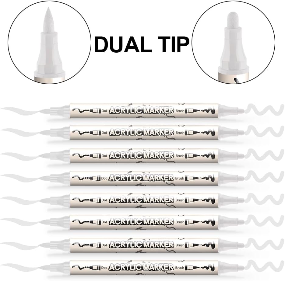 TRANSON 8 Pack White Brush and Bold Dual-tip Acrylic Paint Marker for DIY Glass Canvas Wood Leather Ceramic Rock Painting