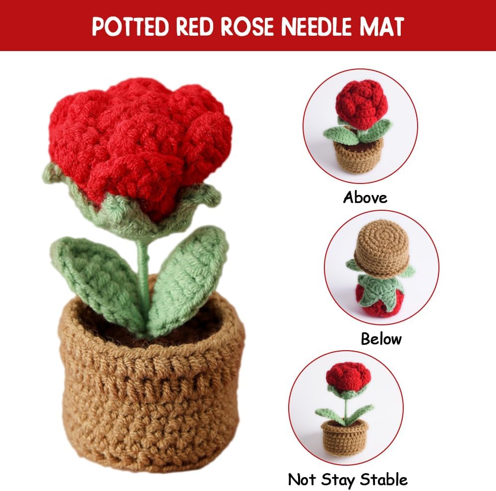 Rose Pin Cushion, Handmade Knitted Pincushions, Cute Pin Cushions Needle Holders for Sewing Quilting Accessory, DIY Crafts or Patchwork Decor.Potted Red Roses