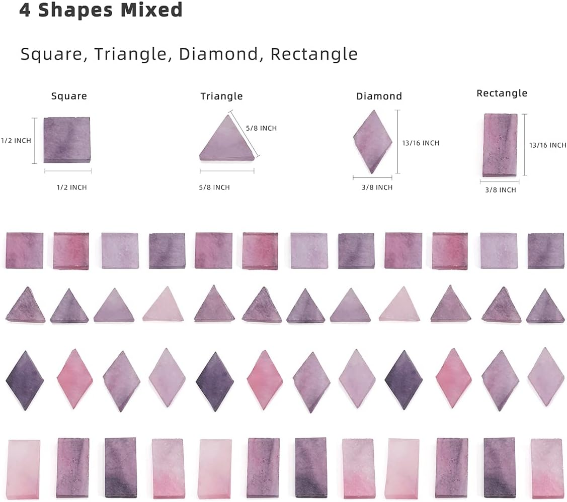 Lanyani 200 Mixed Color Glass Mosaic Tiles - 4 Shapes, Tiffany Stained Glass Pieces for Crafts, Purple