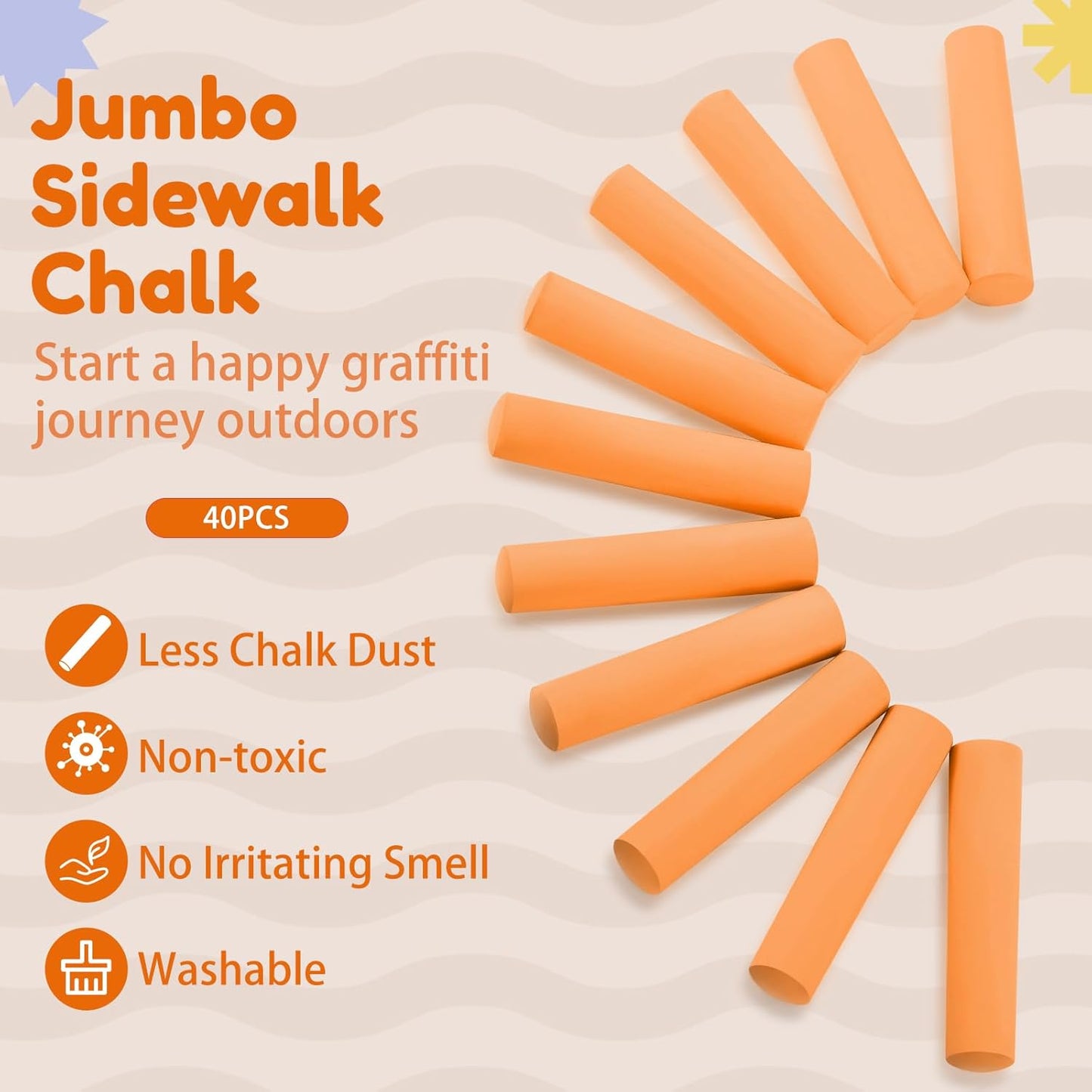 Fulmoon 40 Pcs Jumbo Sidewalk Chalk for Kids Outdoor Art Non Toxic Large Washable Street Chalk for Adults Drawing Painting Classroom(Orange,Round Style)