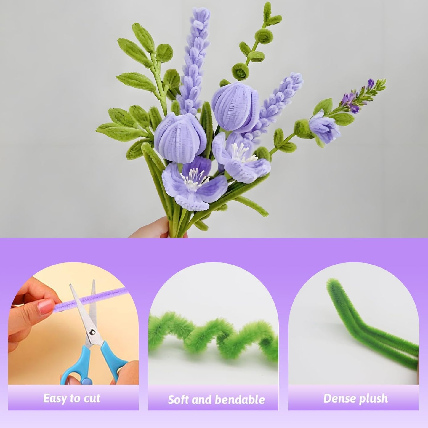 500 Pcs Pipe Cleaners Craft，5 Colors Pipe Cleaners Bulk,Chenille Stems Flowers Craft kit for DIY Handmade Bouquet Wrapping Party Decorations Whit Ribbons，Stems,Tape，Stamens, Glue Sticks (Purple)