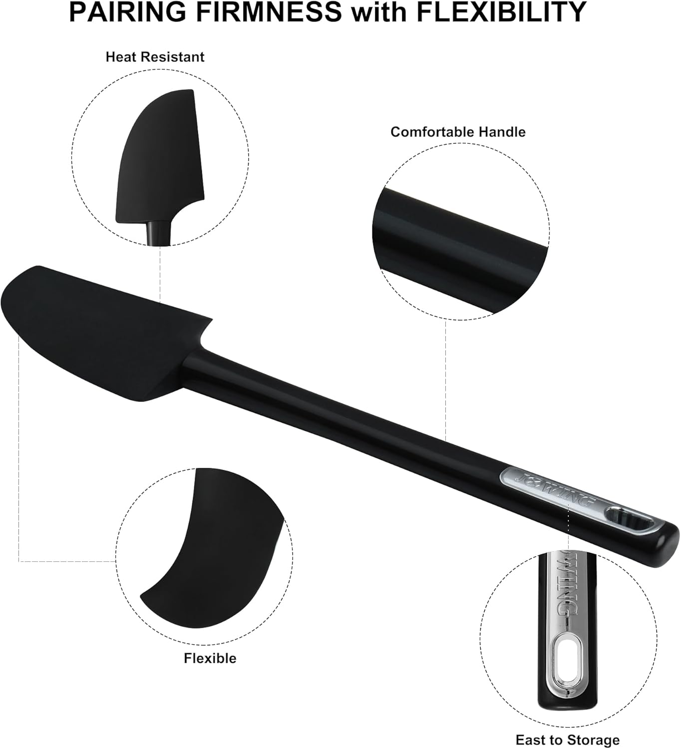 Premium Silicone Spatula Set, JXWING Flexible Heat Resistant Non-slip Handle Baking Cooking Rubber Spatulas, Black
