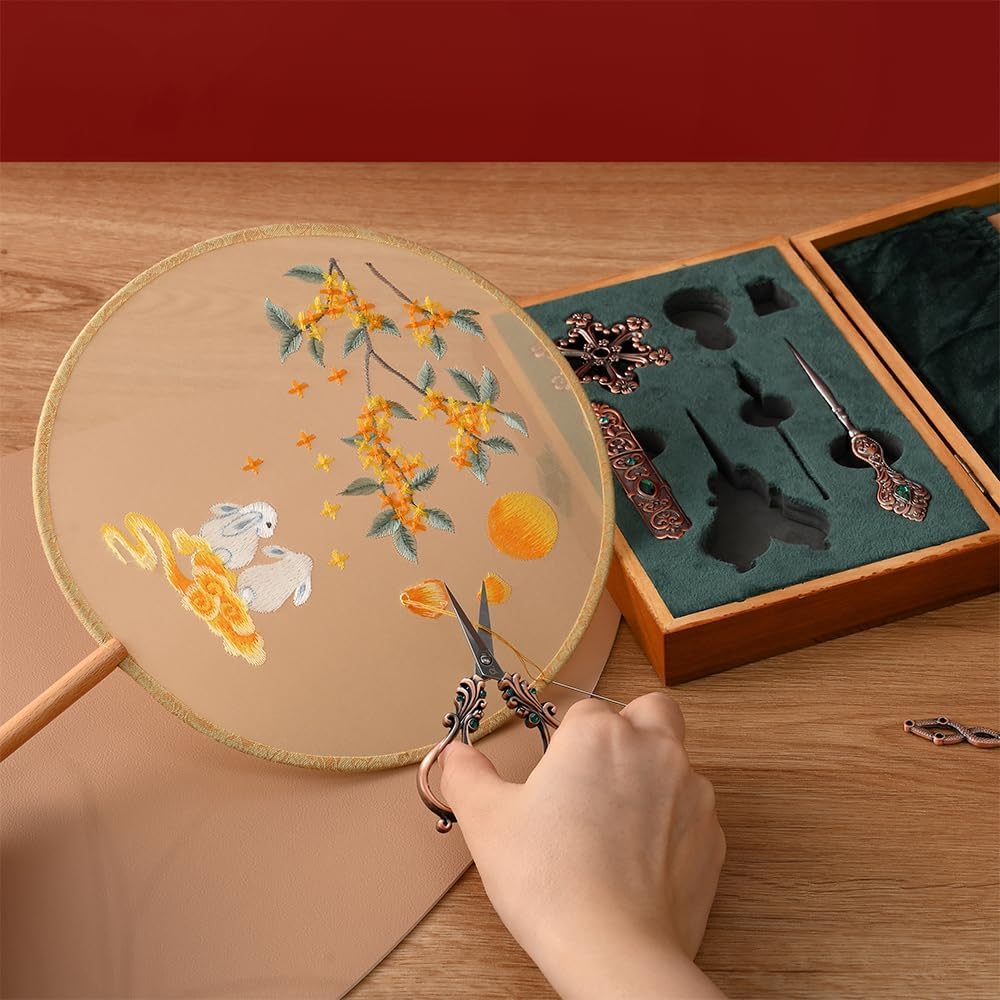 NOTIONSLAND Embroidery Scissor Set, Vintage Supplies, Needle Case, Sewing Awl, Thimble, Floss Board for Needlework, Copper