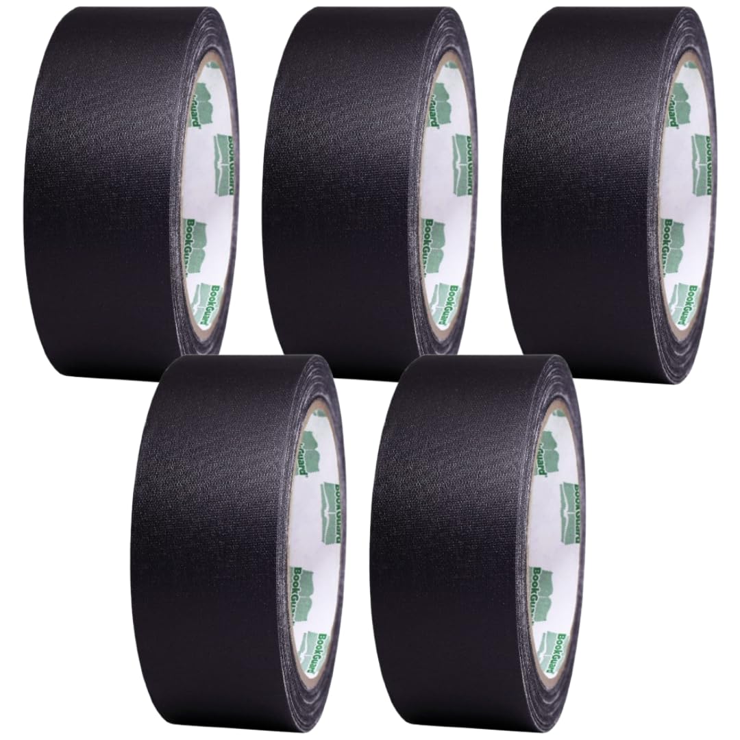 BookGuard 1 1/2 Inch Wide Bookbinding Tape, Vinyl Coated Cotton Cloth Book Repair Tape for Arts, Office, and Library Supplies, Black, 15 Yards per Roll - Case of 5