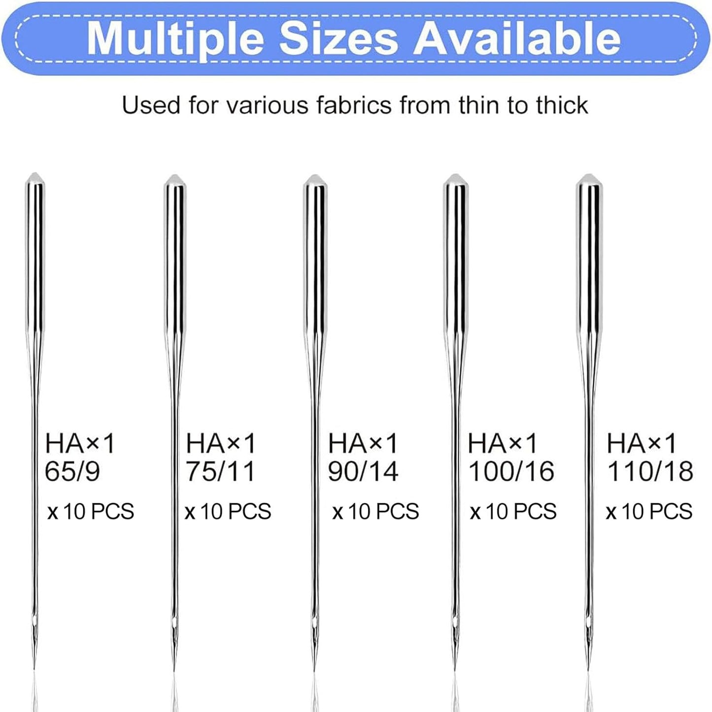 50PCS Sewing Machine Needles, Universal Sewing Machine Needle for Singer, Brother, Janome, Varmax, Needles for Sewing Machine with Sizes HAX1 65/9, 75/11, 90/14, 100/16, 110/18