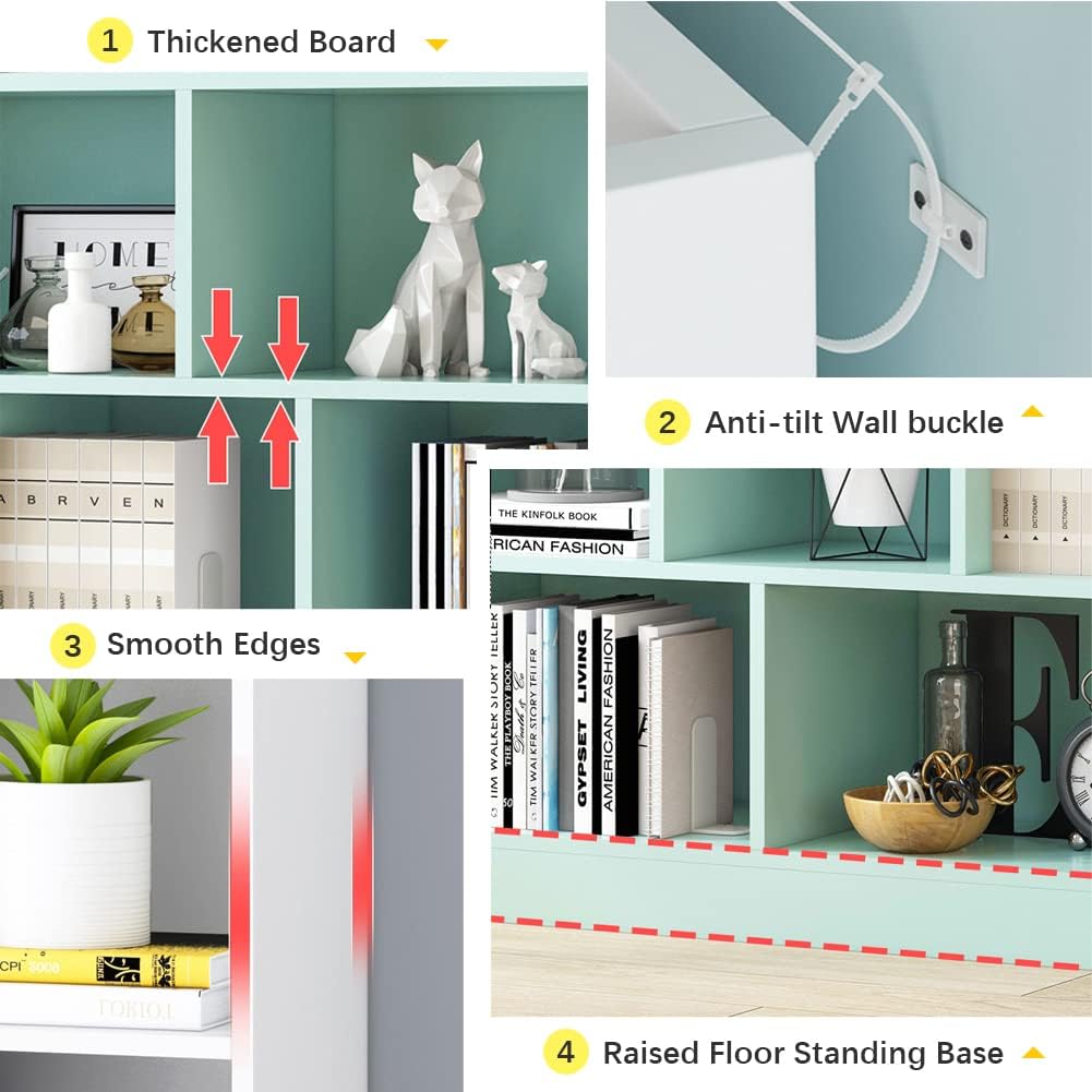 IOTXY Open Shelf Low Bookcase - Wooden 3-Tier Floor Standing Display Cabinet Organizer with Base, 10 Cubes Short Horizontal Bookshelf in Bright Blue