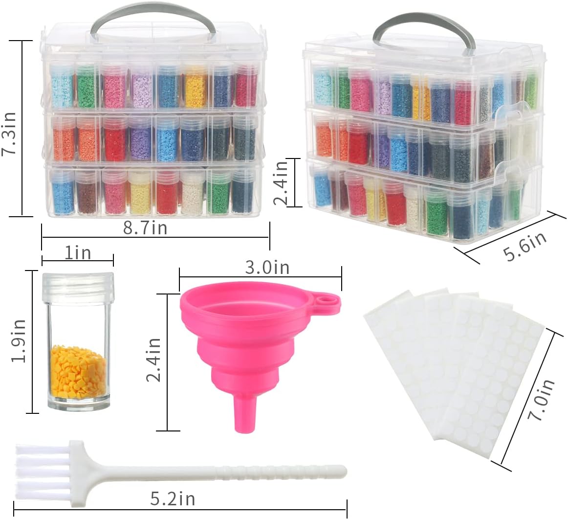 Douorgan 3-Tier Diamond Painting Storage Containers Portable Bead Organizer and Storage Box Stackable Arts & Crafts Organizers for Nail Charms Seed, 132 Round, Funnel, Stickers