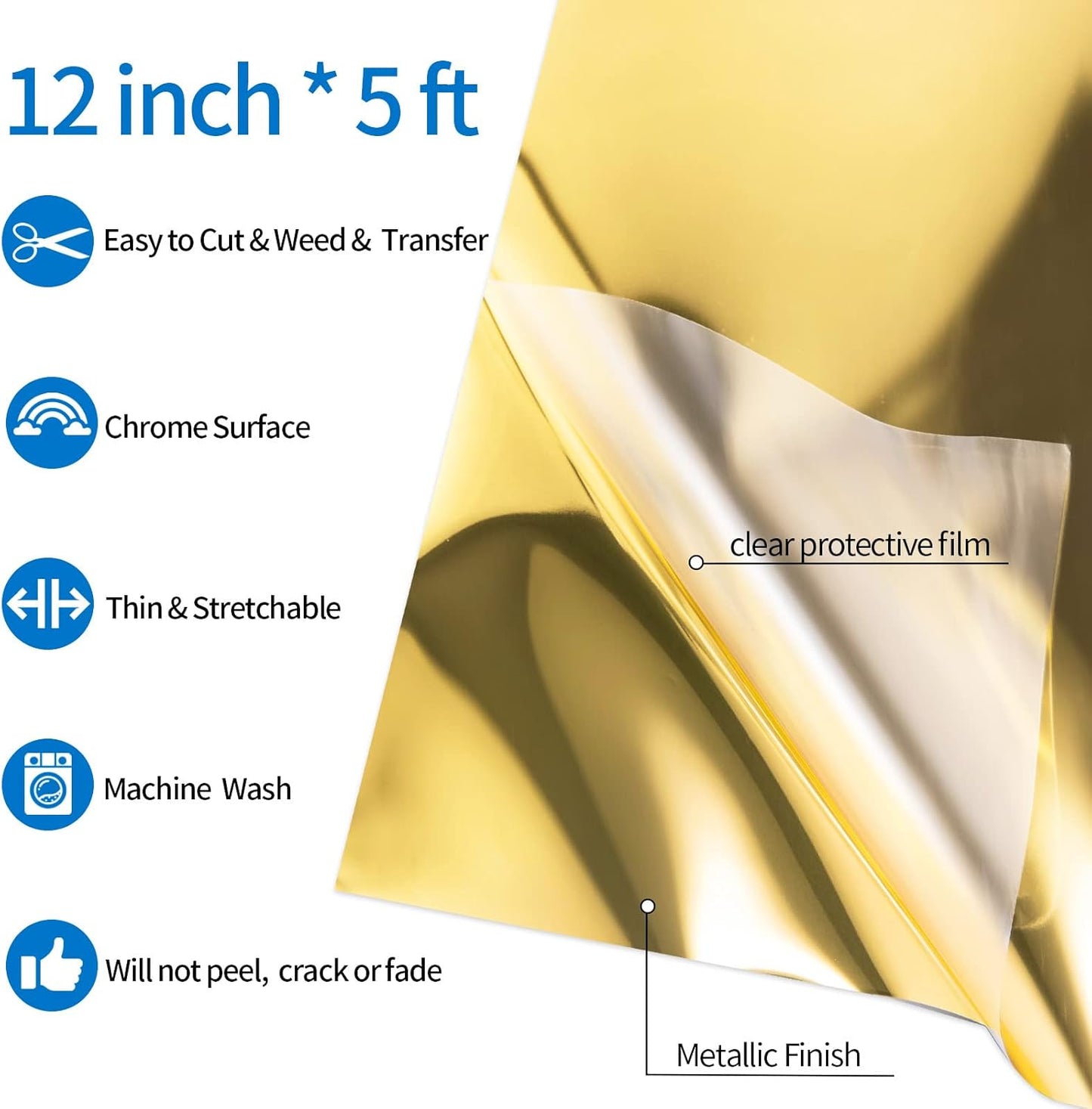 VINYL FROG Metallic Foil HTV Vinyl Roll 12" x5ft Gold Heat Transfer Vinyl Chrome Iron on Vinyl Easy to Cut & Weed DIY Heat Press Design for T-Shirts