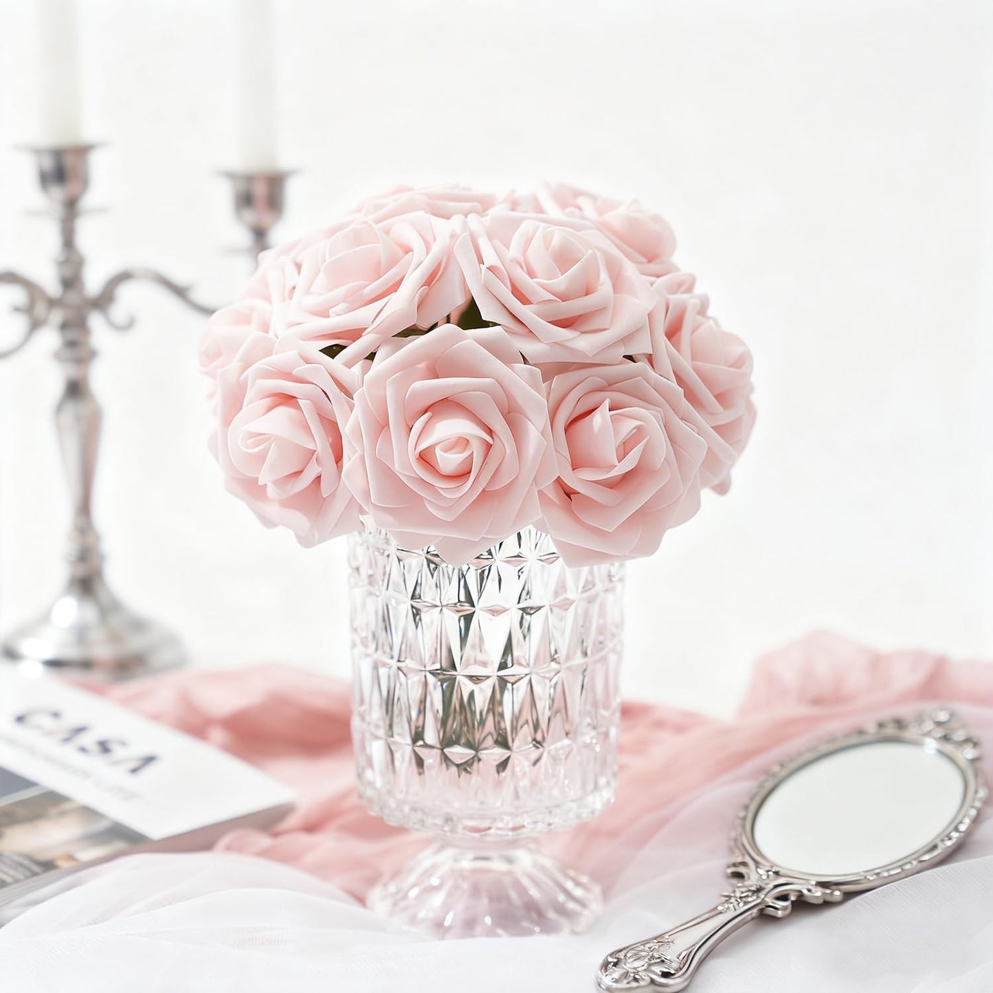 Artificial Flowers Foam Fake Roses 25pcs Light Pink Roses with Stems for Home Decor DIY Wedding Bouquets Party Bridal Shower Centerpieces Faux Flower Arrangements Tables Decorations