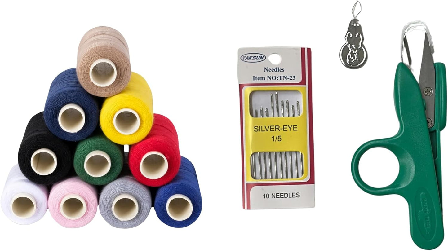 10 Colors Serger Sewing Thread and Small Scissors - 10 Cones Threads of 500 Yards Each Spool | Sewing Clips Quilting Materials Heavy-Duty Sewing Machine Threads and Small Scissors | Lace,Ribbon Yarn