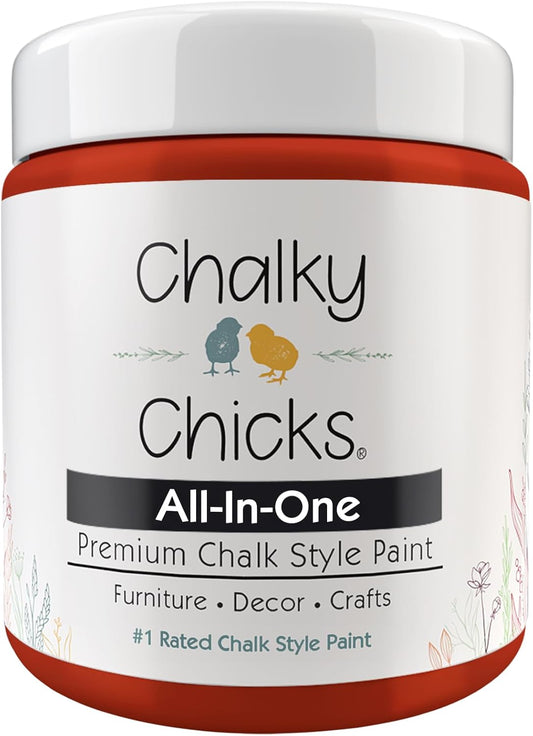 Chalky Chicks All-in-One Chalk Paint for Furniture or Cabinet - 4 Fl Oz - Matte Finish Emmy's Red (Orange Red) for Metal, Wood Furniture Paint - No Sanding All-in-One for Home Decor & Crafts, USA Made
