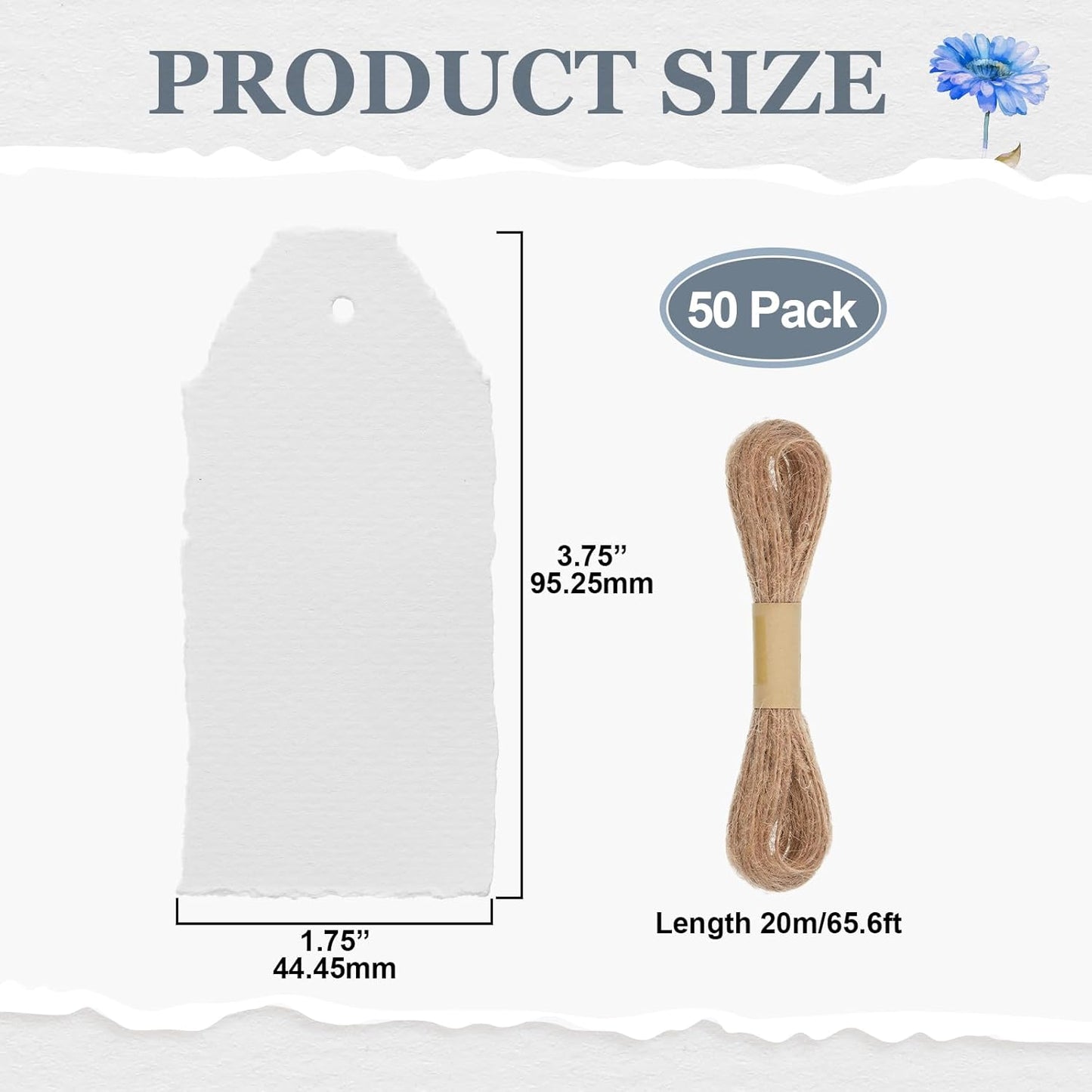 50 Pack Handmade Vintage Deckle Edge Tags with String 3.75 x 1.75 Thick 160 GSM Cotton Gift Tags with String Attached for Name Cards Place Cards Arts Crafts Gift(White)