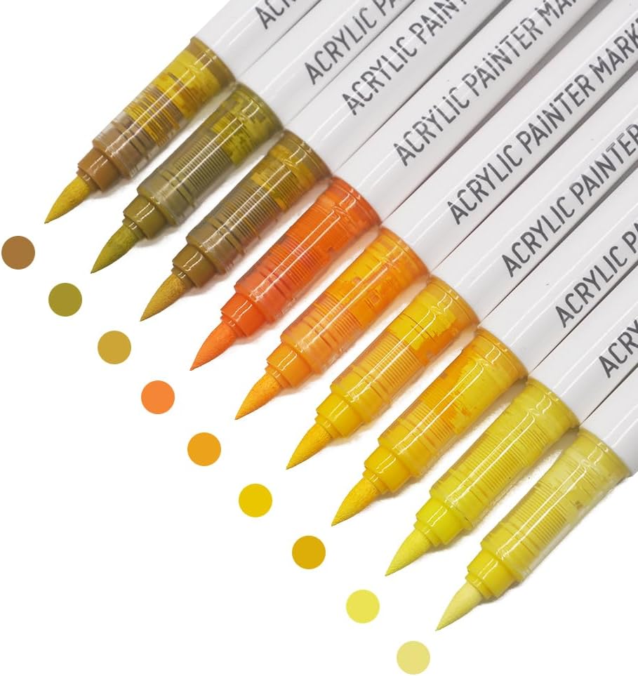 Water Based Acrylic Paint Markers, 9 Colors Acrylic Paint Pens Set with Soft Brush Tip, Marker Pen for Rock Painting, Egg, Wood, Glass, Paper, Acrylic Painter Ink (Warm Yellow Series)