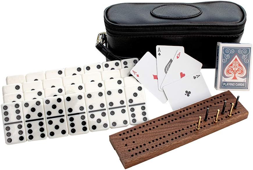 Alex Cramer The Perfect Traveler Classic Domino Set with Leather-Look Travel Case and a Deck of Miniature Playing Cards (Domino Set)