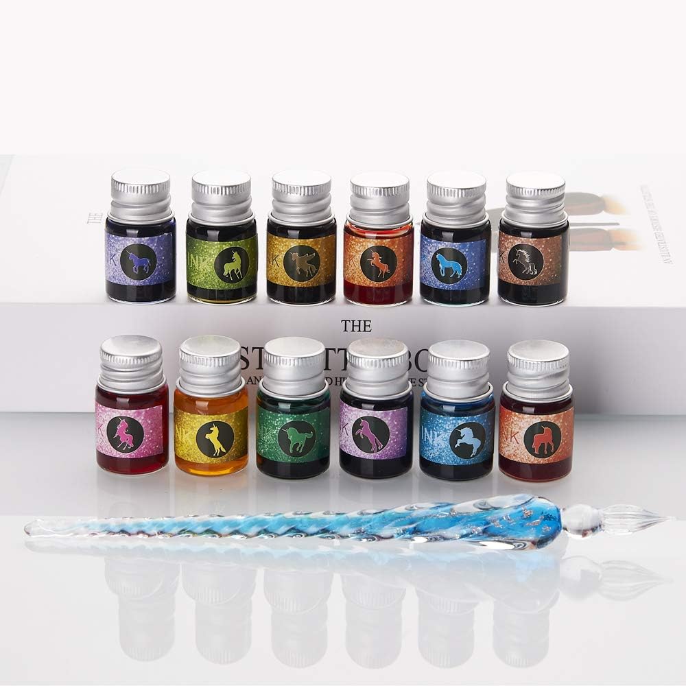 mancola Glass Dipped Pen Ink Set Handmade Crystal Calligraphy Pen with 12 Colorful india ink for Art, Signatures, Drawing, Decoration, Calligraphy Kits for Beginners Ma-13