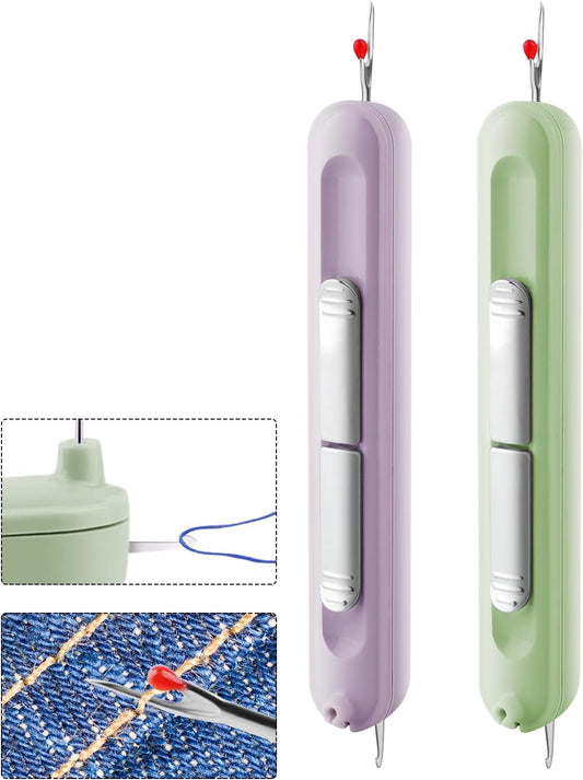 Needle Threaders, 2 in 1 Plug-in Needle Threader Seam Ripper Tool, Automatic Stretchable Seam Rippers for Sewing, Hand Quilling Supplies,Embroidery Stitch Removal (Purple/Green)