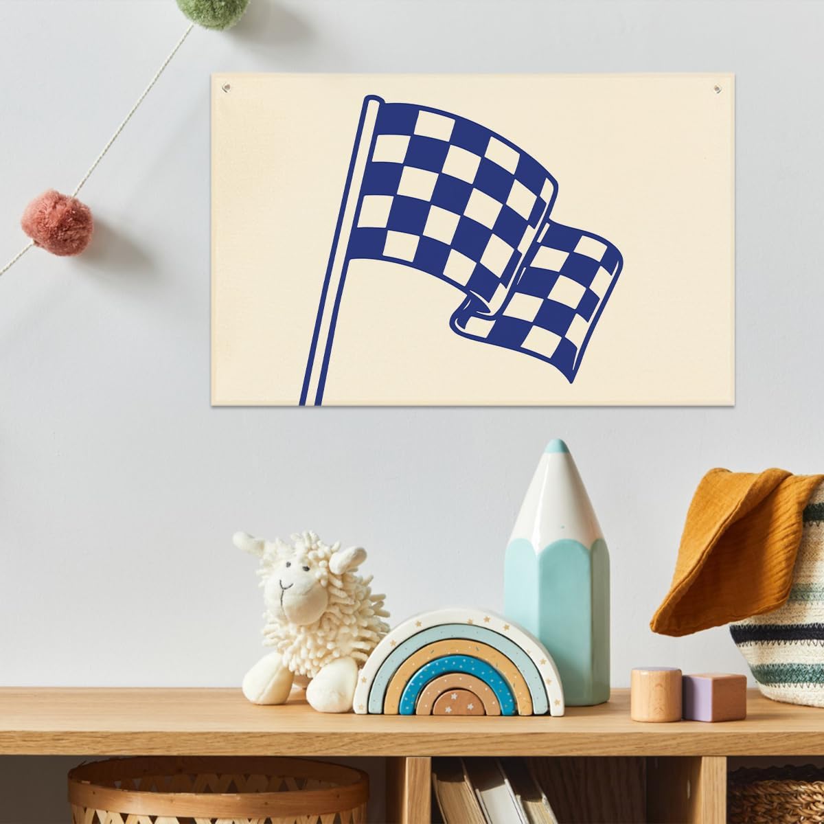 Boy Room Decor,Playroom Decor,Little Racer Dude Race Car Room Canvas Banner,Buffalo Plaid Racing Flag Hanging Flag Banner Perfect for Kids Nursery and Playroom Wall Decor,Racing Enthusiast Gifts