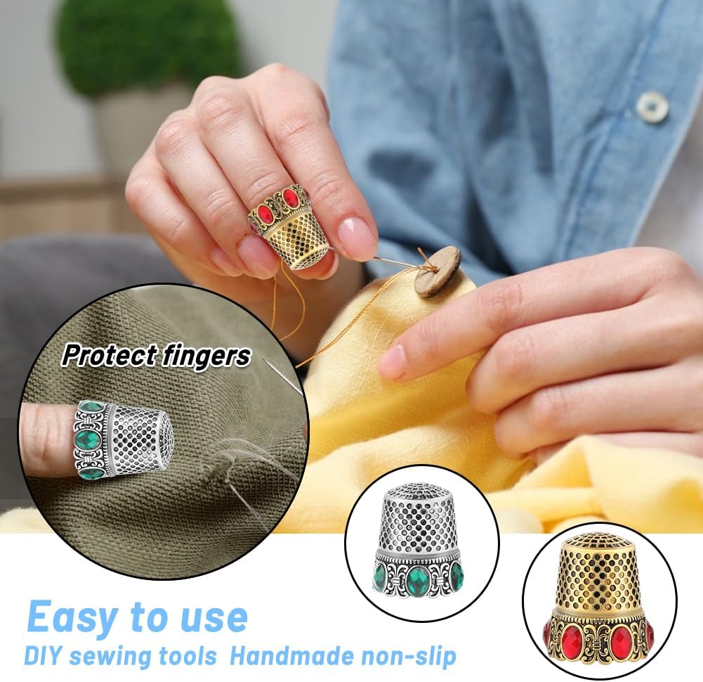 2 Pcs Vintage Sewing Thimble, Quilting Thimbles, Sewing Thimble Finger Protector, Vintage Fingertip Protector Thimbles, Metal Thimble, Sewing Quilting Craft Accessories Diy Sewing Tools (Sliver, Gold)