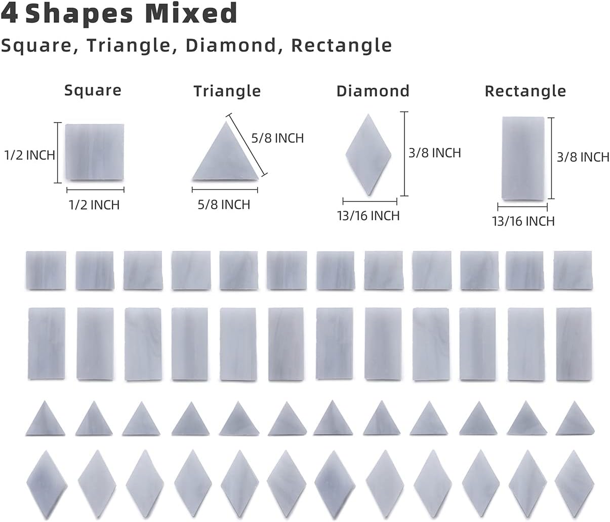 Lanyani 200 Pieces Glass Mosaic Tiles, 4-Shapes Mixed Stained Glass Pieces Tile for Crafts,Light Grey