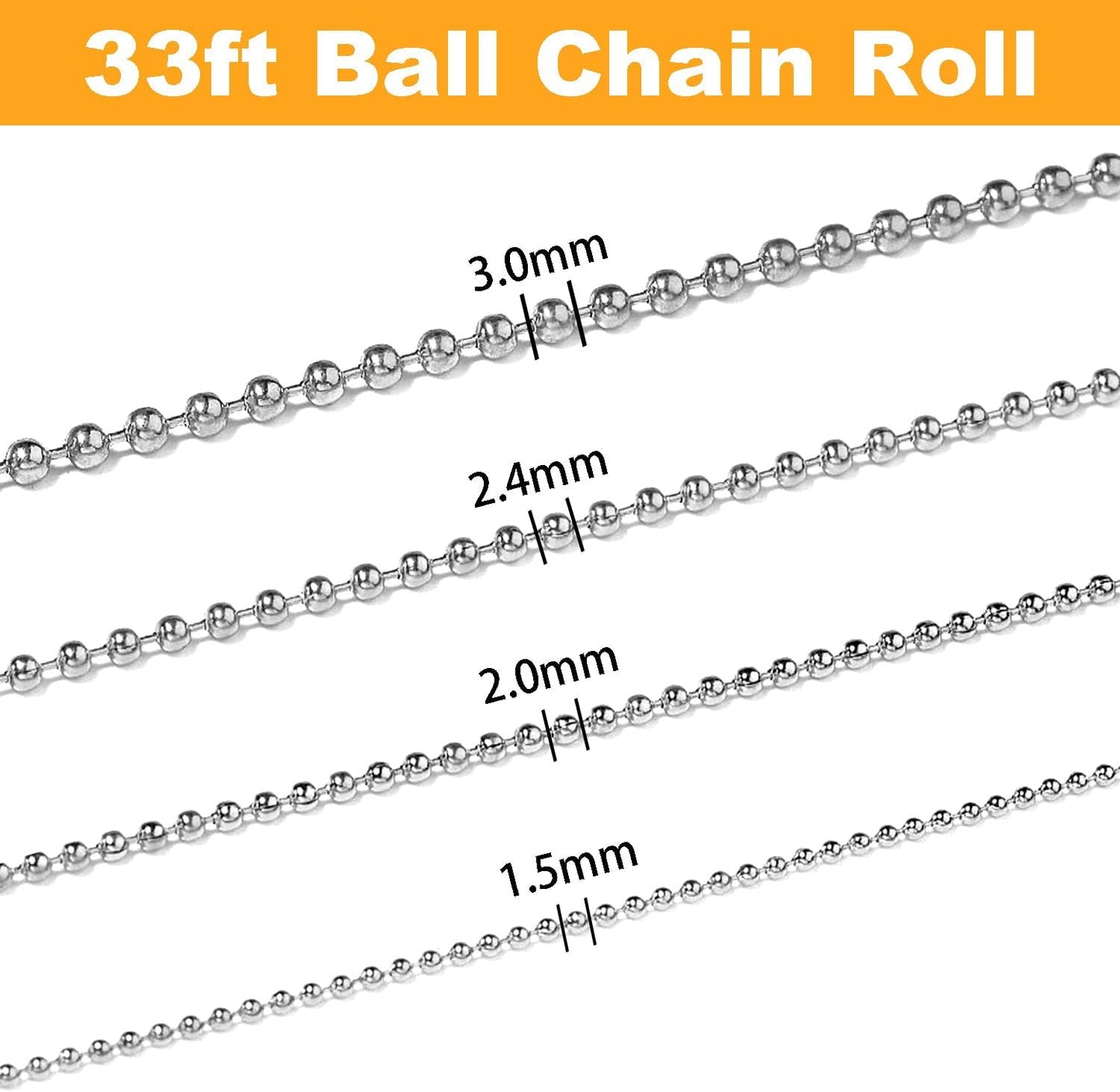 Jishi 33ft Ball Chain 2.4mm Silver Stainless Steel Bead Link Chain Roll for Beaded Dog Tag Necklace, Mens Military Jewelry Making Supplies, Pull Chain DIY Bracelets Keychain Craft - w/20#3 Connectors