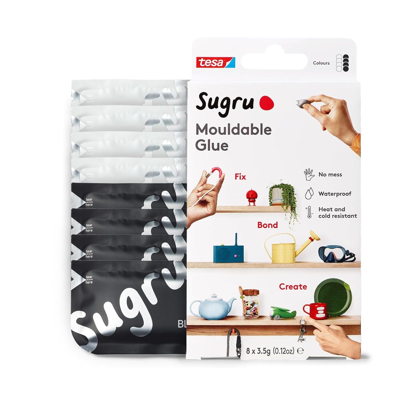 Tesa Sugru Super Glue - Waterproof Wood Glue for Home Improvement & Crafts - Use as a Poster Putty or Silicone Adhesive for Repairing & Bonding - 8 Pack - Black & White (3.5g/ea)