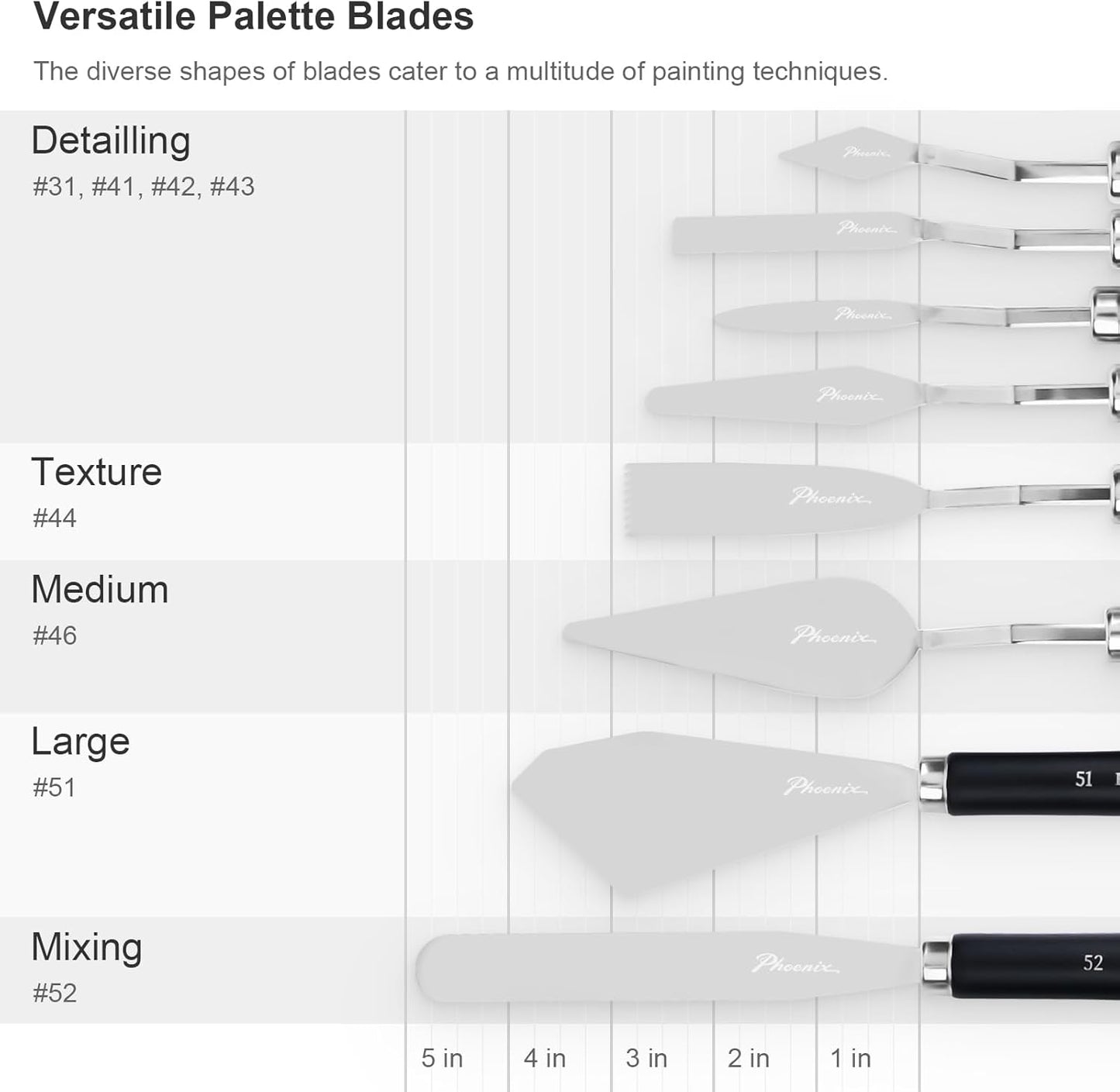 PHOENIX High Flexible Palette Knife Set, 8 Pieces Stainless Steel Painting Knives (31,41,42,43,44,46,51,52) Art Knife with Wood Handle, Paint Spatula for Oil Acrylic Paint