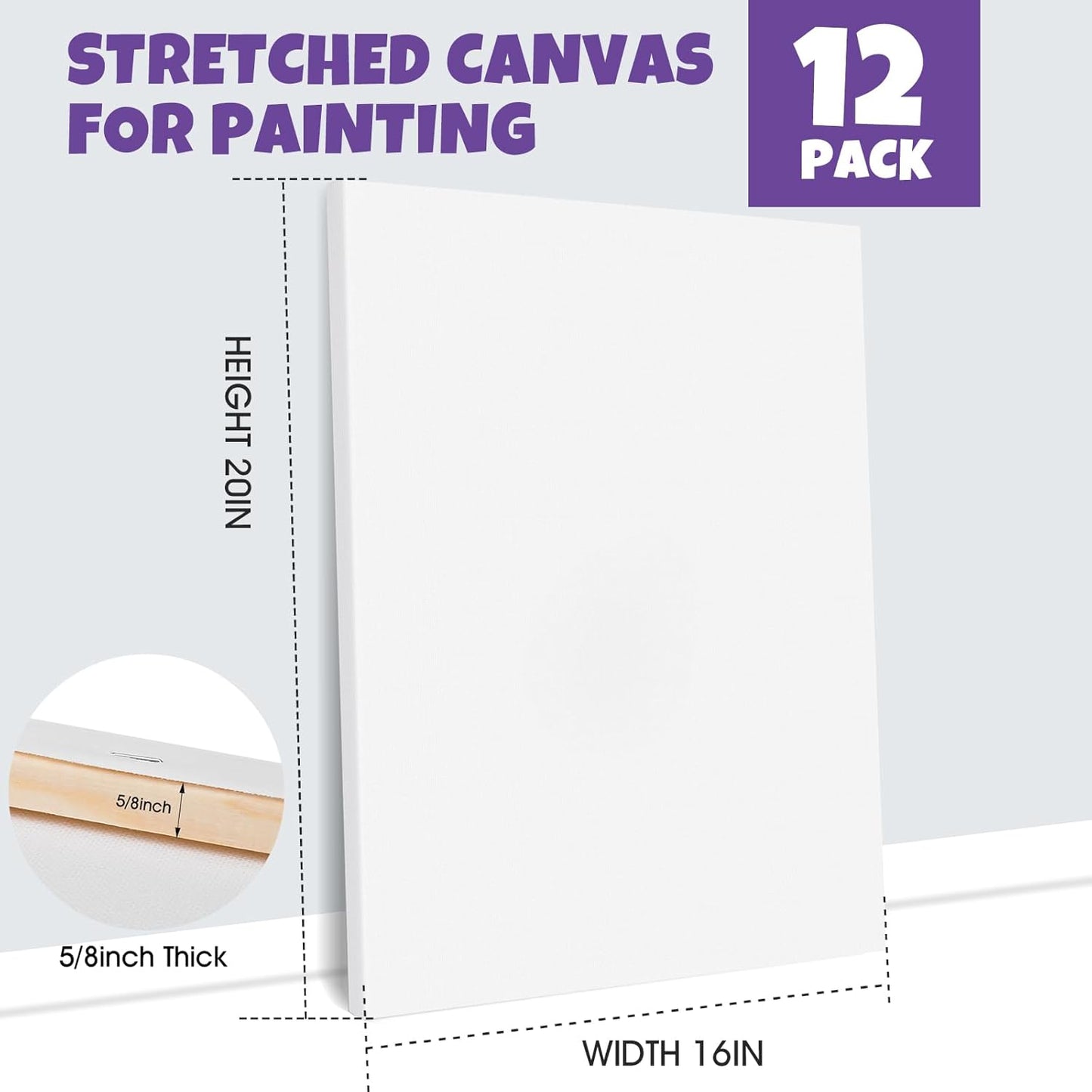 ESRICH Stretched Canvas for Painting 16x20 Inch, 12Pack Large Canvas for Painting, Primed Acid-Free Cotton Blank Canvases, Art Paint Canvases for Oil Paint,Watercolor,Acrylic Paint,Gouache and Tempera