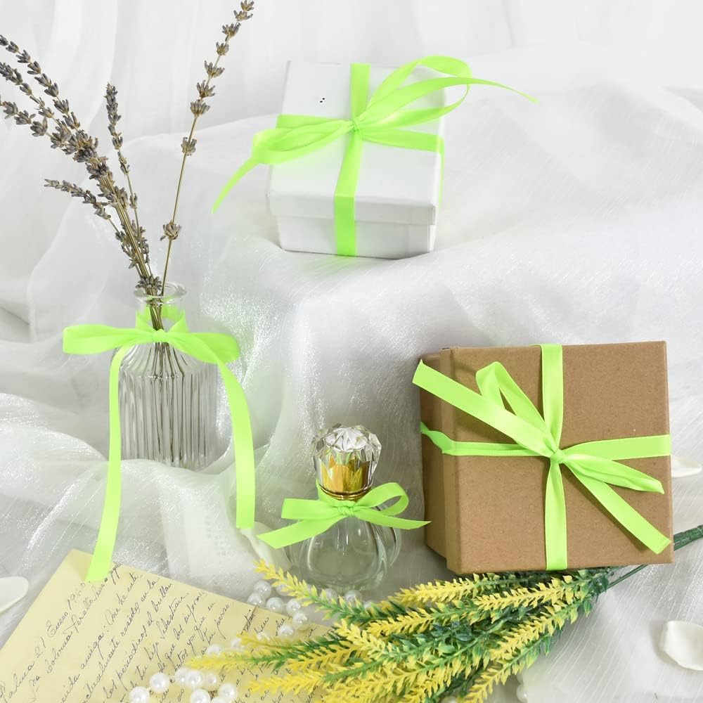 TONIFUL 3/8 Inch x 100yds Fluorescent Apple Green Satin Ribbon Thin Solid Fabric Ribbons Roll for Gift Wrapping Floral Hair Balloons Craft Sewing Party Wedding Decoration Valentine's Day Halloween