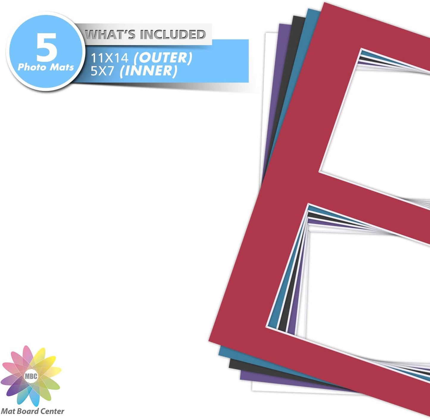 Mat Board Center, Pack of 5, Photo Picture Mats - Acid Free, 4-Ply Thickness, White Core - for Pictures, Photos, Framing (11x14 for 2-5x7 Mixed Color)