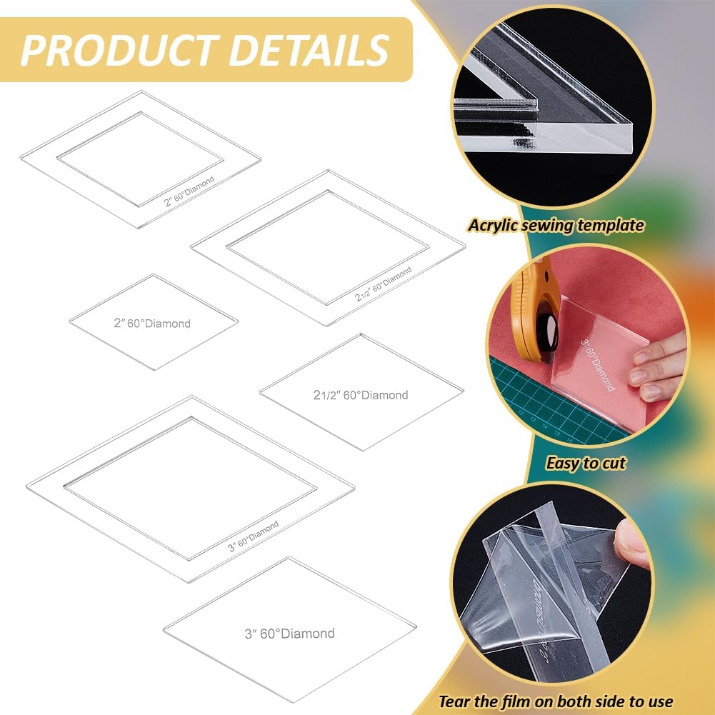 BENECREAT 16 Sizes Diamond Quilting Template, Acrylic Intricate Sewing Machine Ruler, Transparent Pressure Plate Router Template for DIY Hand Patchwork Cutting Craft, 6mm Thick