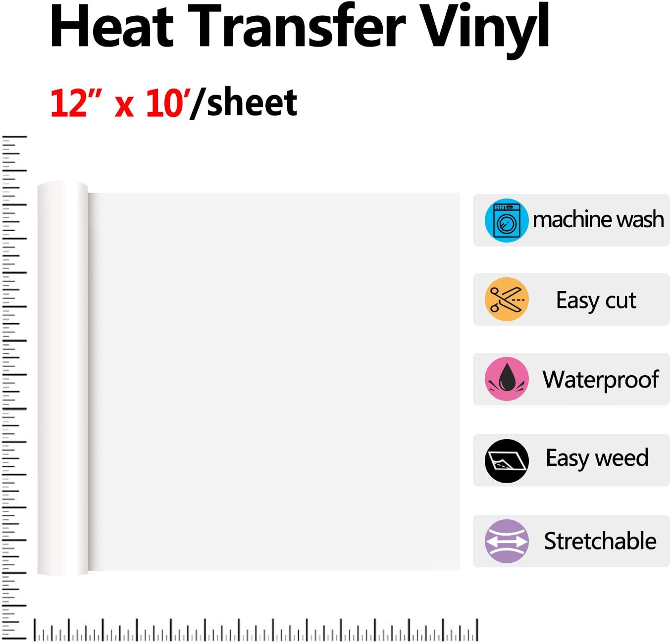RENLITONG White HTV Iron on Vinyl 12Inch by 10ft Roll Heat Transfer Vinyl for T-Shirt HTV Rolls for All Cutter Machine - Easy to Cut & Weed for Heat Transfer Design