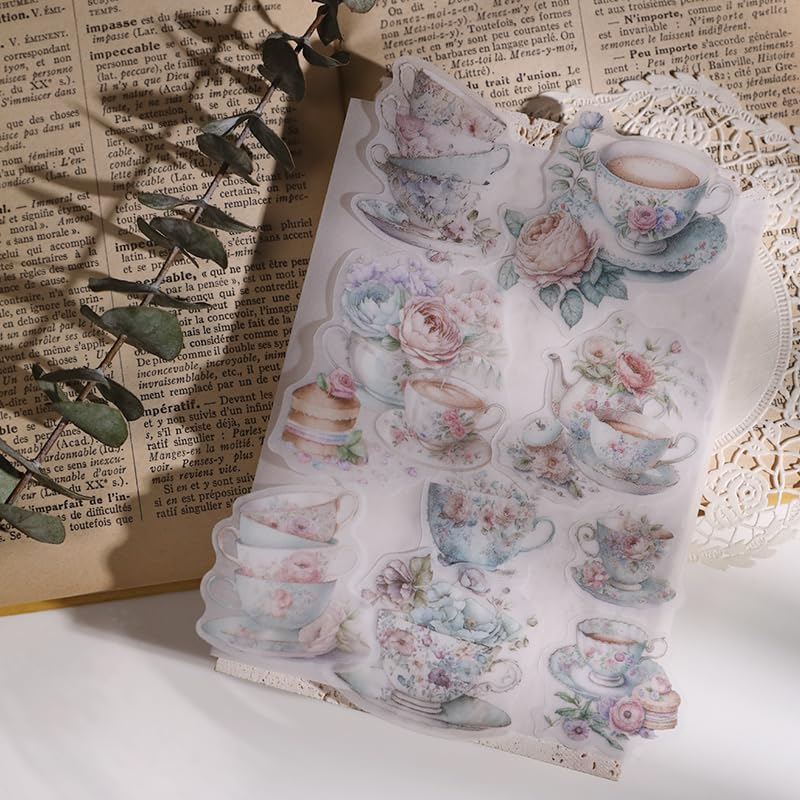 Vintage Vellum Stickers Floral Plants Elements Scrapbooking Supplies Flowers Botanic Natural Translucent Paper Self-Adhesive Junk-Journal Items (Tea Cup)