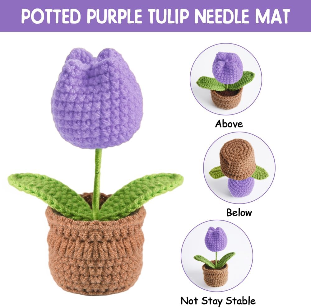 Tulip Pin Cushion, Handmade Knitted Pincushions, Cute Pin Cushions Needle Holders for Sewing Quilting Accessory, DIY Crafts or Patchwork Decor.Flowerpot Design Purple Tulip